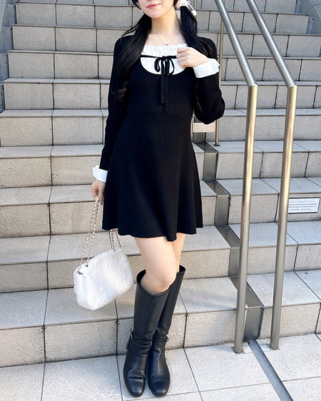 INGNI（イング） シャツドッキングニットワンピース ｸﾛ