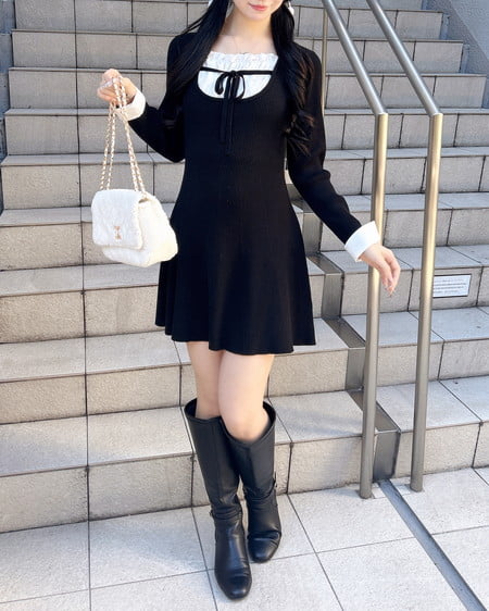 INGNI（イング） シャツドッキングニットワンピース ｸﾛ