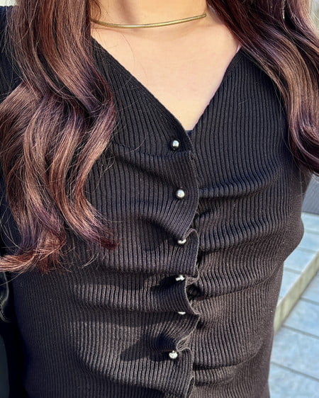 INGNI（イング） フロントギャザーVネックニットカーディガン ｸﾛ