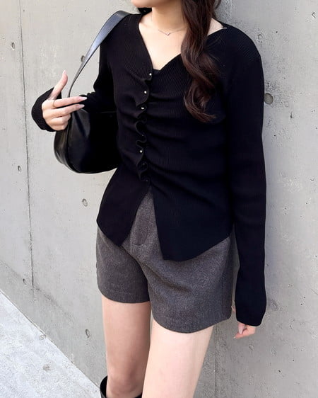 INGNI（イング） フロントギャザーVネックニットカーディガン ｸﾛ