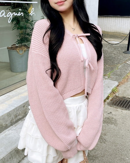 INGNI（イング） Vネック2つリボンニットカーディガン ﾋﾟﾝｸ