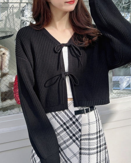 INGNI（イング） Vネック2つリボンニットカーディガン ｸﾛ