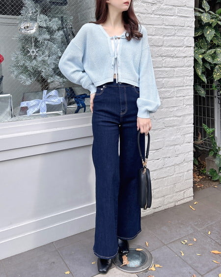 INGNI(イング) Vネック2つリボンニットカーディガン サックス