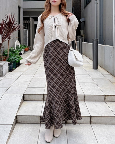 INGNI（イング） シャギーニットボレロ＋マーメイドワンピースセット ｱｲﾎﾞﾘｰ/ﾌﾞﾗｳﾝﾁｪｯｸ