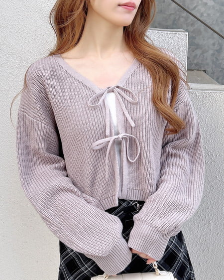 INGNI(イング) Vネック2つリボンニットカーディガン グレージュ