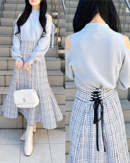 【12／25までの限定価格】バックレースアップツイードマーメイドスカート