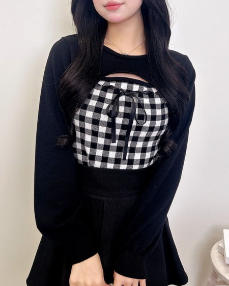 ボレロレイヤード風リボンギンガムチェックニット