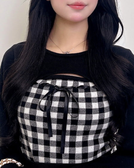 INGNI（イング） ボレロレイヤード風リボンギンガムチェックニット ｵﾌｸﾛ/ﾁｪｯｸ