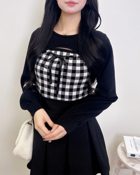 INGNI（イング） ボレロレイヤード風リボンギンガムチェックニット ｵﾌｸﾛ/ﾁｪｯｸ