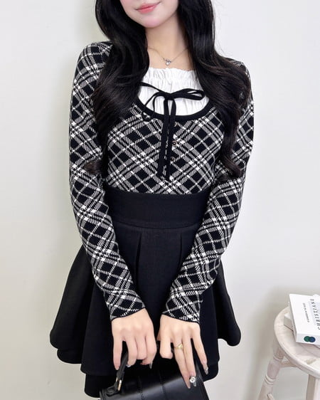 INGNI（イング） フロントフリルドッキングチェック柄ニット ｸﾛ/ｱｲﾎﾞﾘｰ