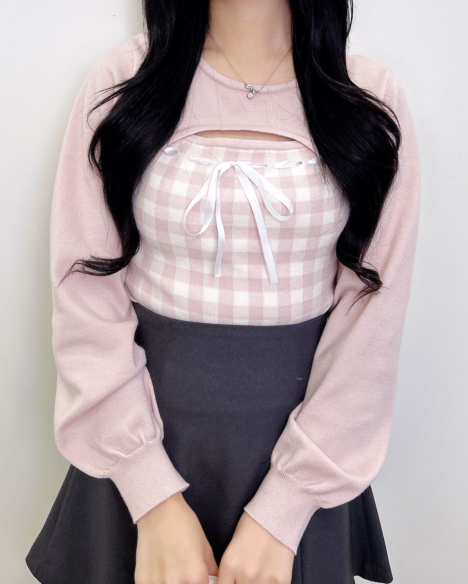 ボレロレイヤード風リボンギンガムチェックニット