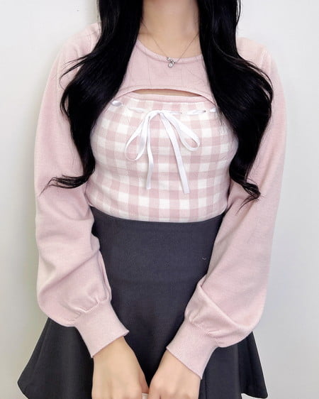 ボレロレイヤード風リボンギンガムチェックニット