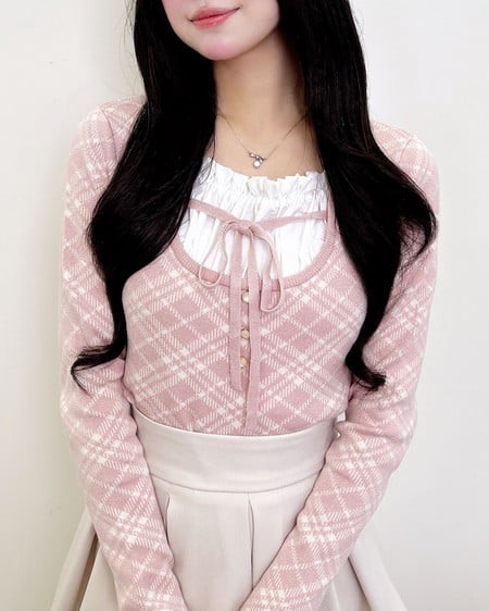 INGNI（イング） フロントフリルドッキングチェック柄ニット ﾋﾟﾝｸ/ｵﾌﾎﾜｲﾄ