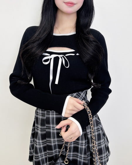 INGNI（イング） デコルテオープンリブニット ｸﾛ/ｵﾌﾎﾜｲﾄ