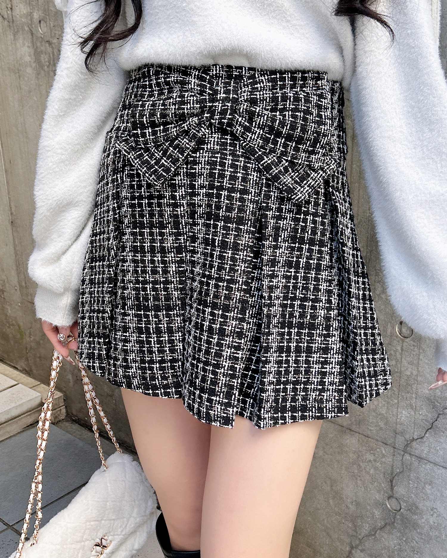 フロントリボンツイードプリーツスカパン