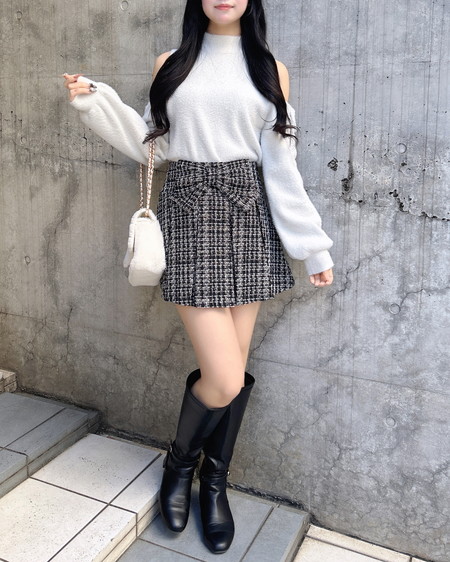 INGNI（イング） フロントリボンツイードプリーツスカパン ｸﾛ/ﾂｲｰﾄﾞ