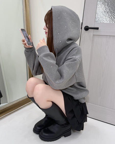 INGNI（イング） ビジュー付ダンボールジップパーカー ﾁｬｺｰﾙｸﾞﾚｰ