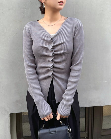 INGNI(イング) フロントギャザーVネックニットカーディガン ライトグレー