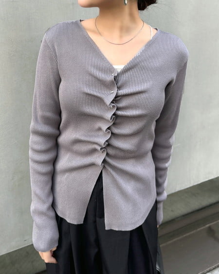 INGNI(イング) フロントギャザーVネックニットカーディガン ライトグレー