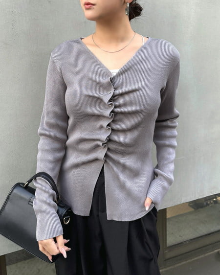 INGNI(イング) フロントギャザーVネックニットカーディガン ライトグレー