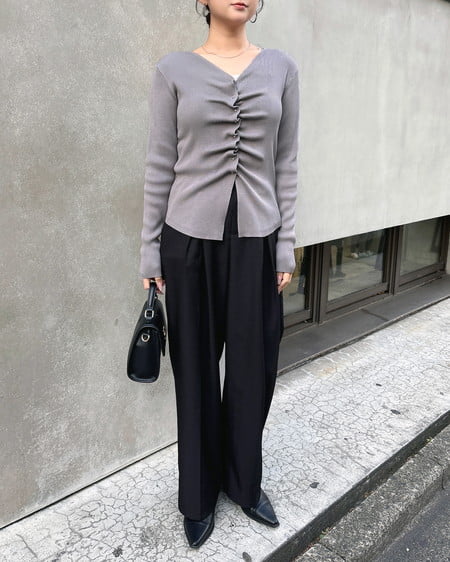 INGNI(イング) フロントギャザーVネックニットカーディガン ライトグレー