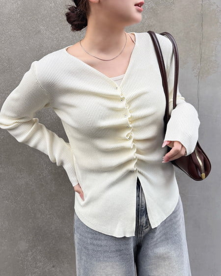 INGNI（イング） フロントギャザーVネックニットカーディガン ｱｲﾎﾞﾘｰ