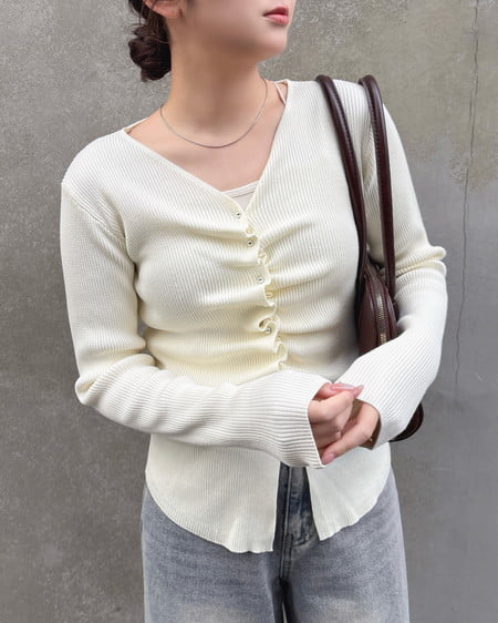 INGNI（イング） フロントギャザーVネックニットカーディガン ｱｲﾎﾞﾘｰ