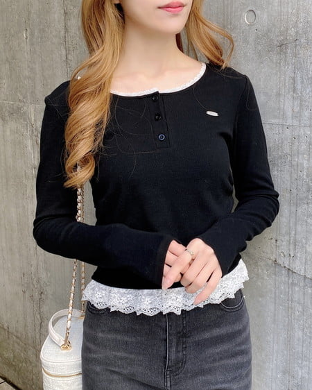 INGNI(イング) ヘンリーネックレース付プレートロゴ長袖リブトップス クロ