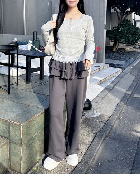 INGNI（イング） フリルスウェットパンツ ﾁｬｺｰﾙｸﾞﾚｰ