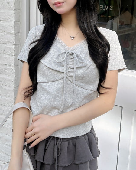 INGNI（イング） レース付フロントギャザーリボンリブトップス ｸﾞﾚｰ