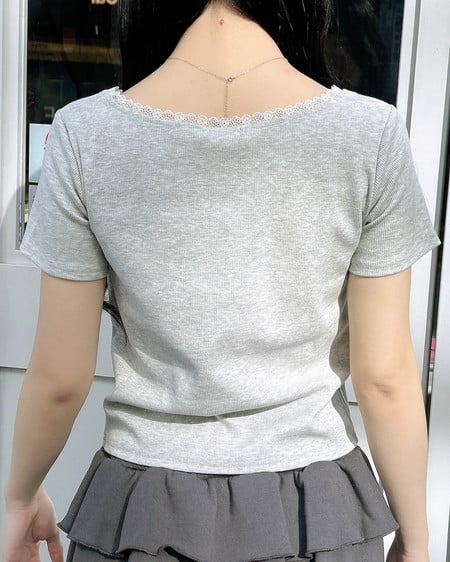 INGNI（イング） レース付フロントギャザーリボンリブトップス ｸﾞﾚｰ