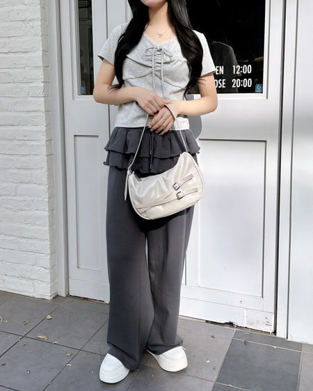 INGNI（イング） レース付フロントギャザーリボンリブトップス ｸﾞﾚｰ