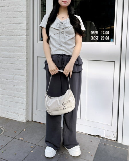 INGNI（イング） レース付フロントギャザーリボンリブトップス ｸﾞﾚｰ