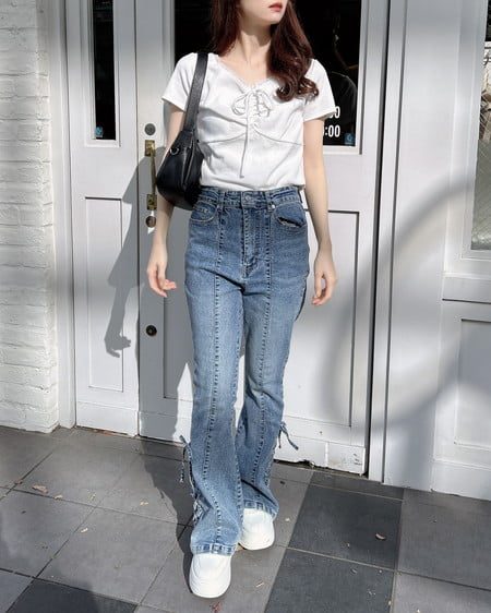 INGNI（イング） レース付フロントギャザーリボンリブトップス ｵﾌﾎﾜｲﾄ