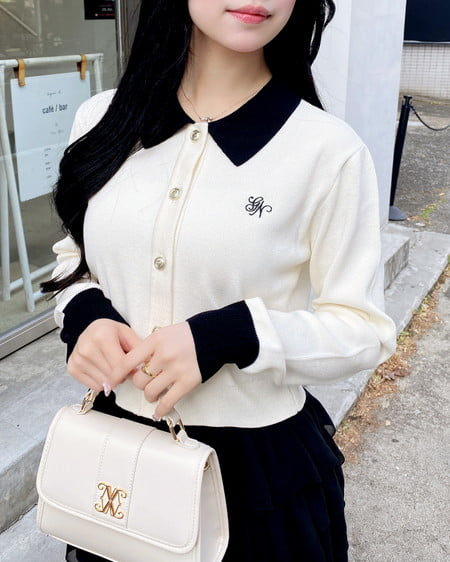 INGNI（イング） 襟付配色金ボタンニットカーディガン ｵﾌﾎﾜｲﾄ/ｸﾛ