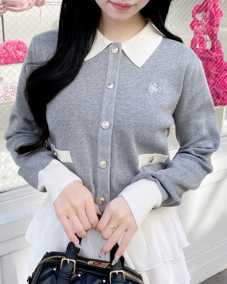 INGNI（イング） 襟付配色金ボタンニットカーディガン ｸﾞﾚｰ/ｵﾌﾎﾜｲﾄ