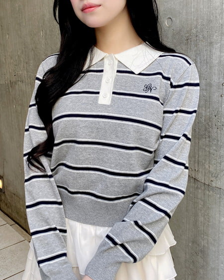 INGNI（イング） ショート丈ボーダーポロニット ｸﾞﾚｰ