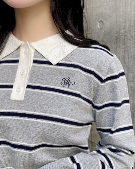 INGNI（イング） ショート丈ボーダーポロニット ｸﾞﾚｰ
