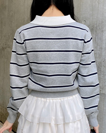 INGNI（イング） ショート丈ボーダーポロニット ｸﾞﾚｰ