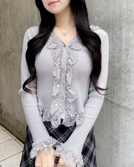 フリルレースドッキングリブニットカーディガン