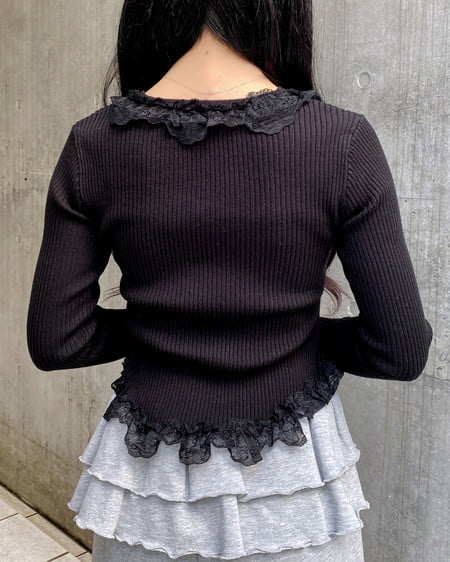 INGNI（イング） フリルレースドッキングリブニットカーディガン ｸﾛ