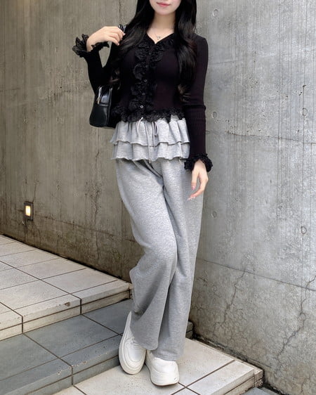 INGNI（イング） フリルレースドッキングリブニットカーディガン ｸﾛ