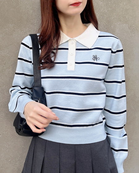 ショート丈ボーダーポロニット