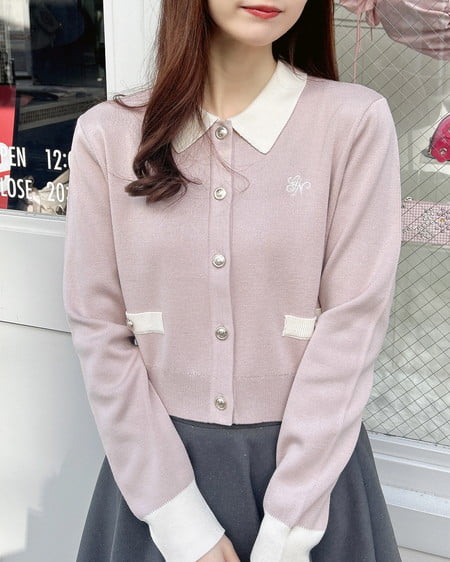 襟付配色金ボタンニットカーディガン