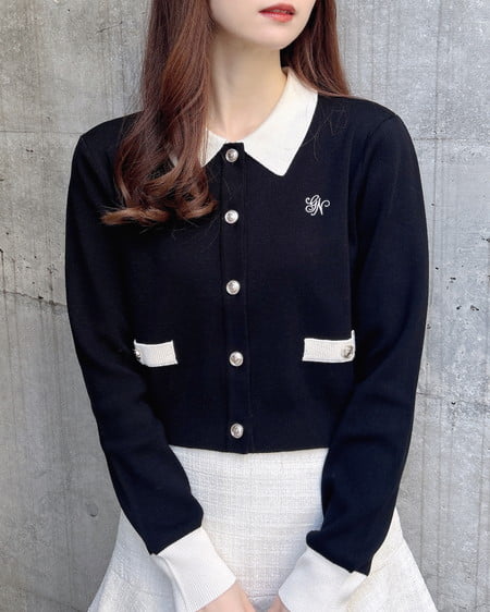INGNI（イング） 襟付配色金ボタンニットカーディガン ｸﾛ/ｵﾌﾎﾜｲﾄ