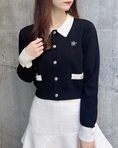 INGNI（イング） 襟付配色金ボタンニットカーディガン ｸﾛ/ｵﾌﾎﾜｲﾄ