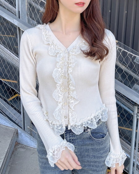 INGNI（イング） フリルレースドッキングリブニットカーディガン ｱｲﾎﾞﾘｰ