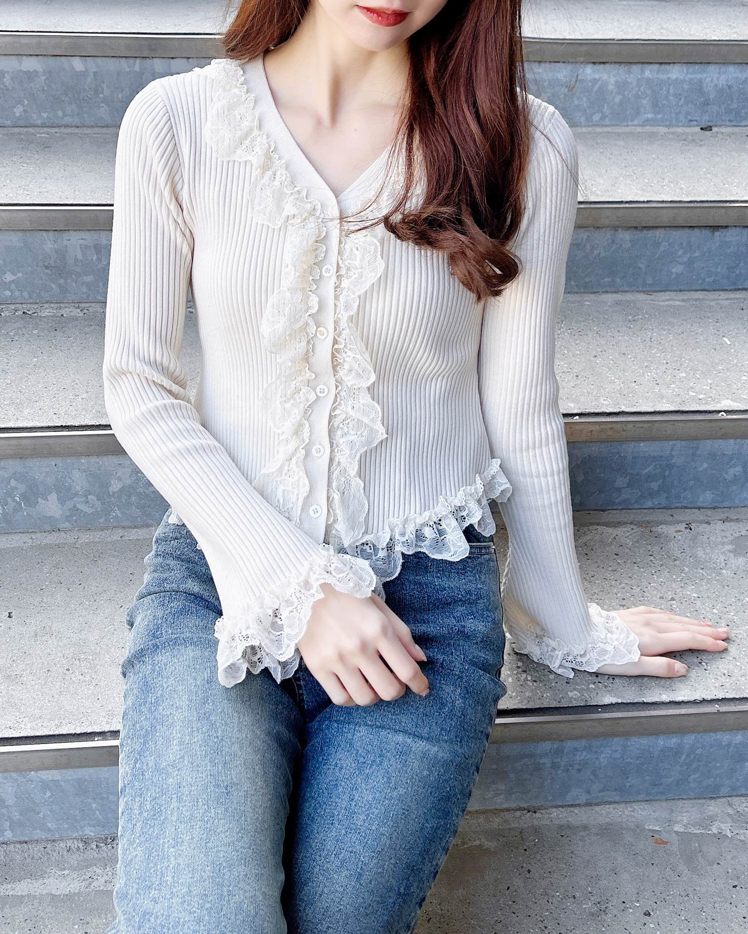 フリルレースドッキングリブニットカーディガン