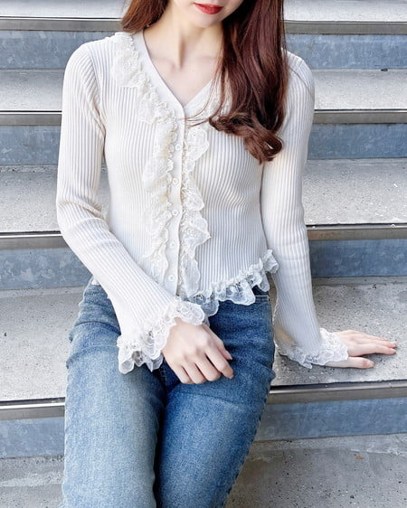 フリルレースドッキングリブニットカーディガン