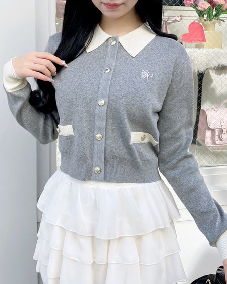 INGNI（イング） 襟付配色金ボタンニットカーディガン ｸﾞﾚｰ/ｵﾌﾎﾜｲﾄ